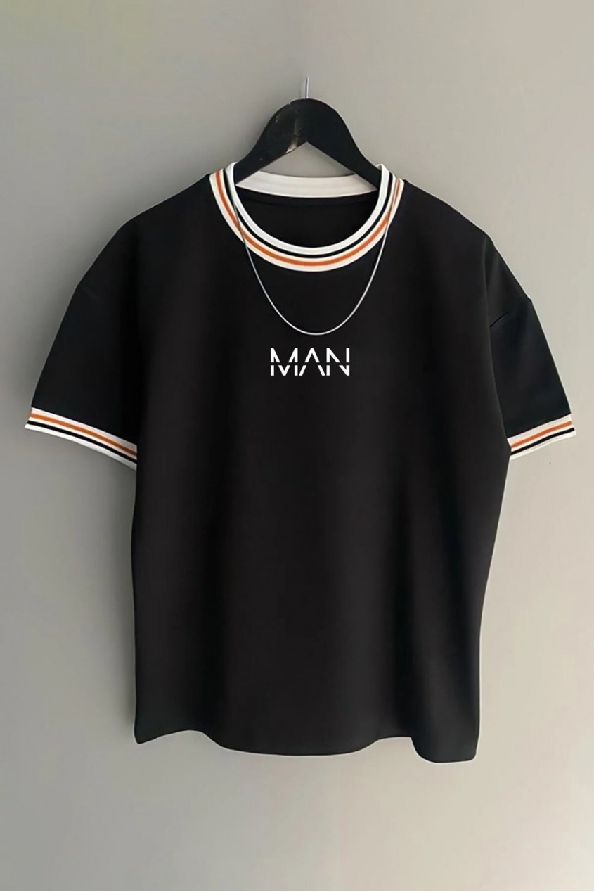 Siyah Unisex Yeni Sezon Oversize Man Kalıp Yaka Detaylı Yazlık T-shirt