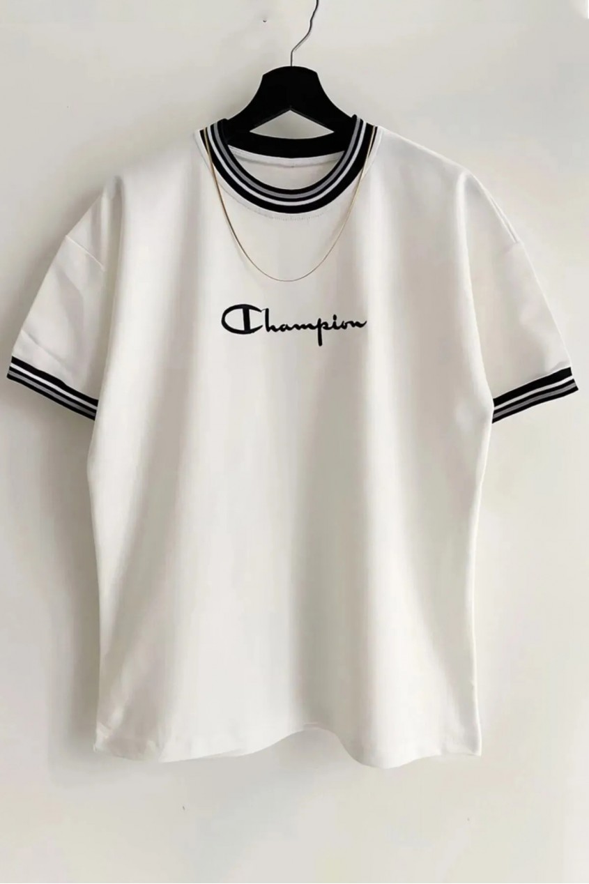 Beyaz Unisex Yeni Sezon Oversize Champion Kalıp Yaka Detaylı Yazlık T-shirt