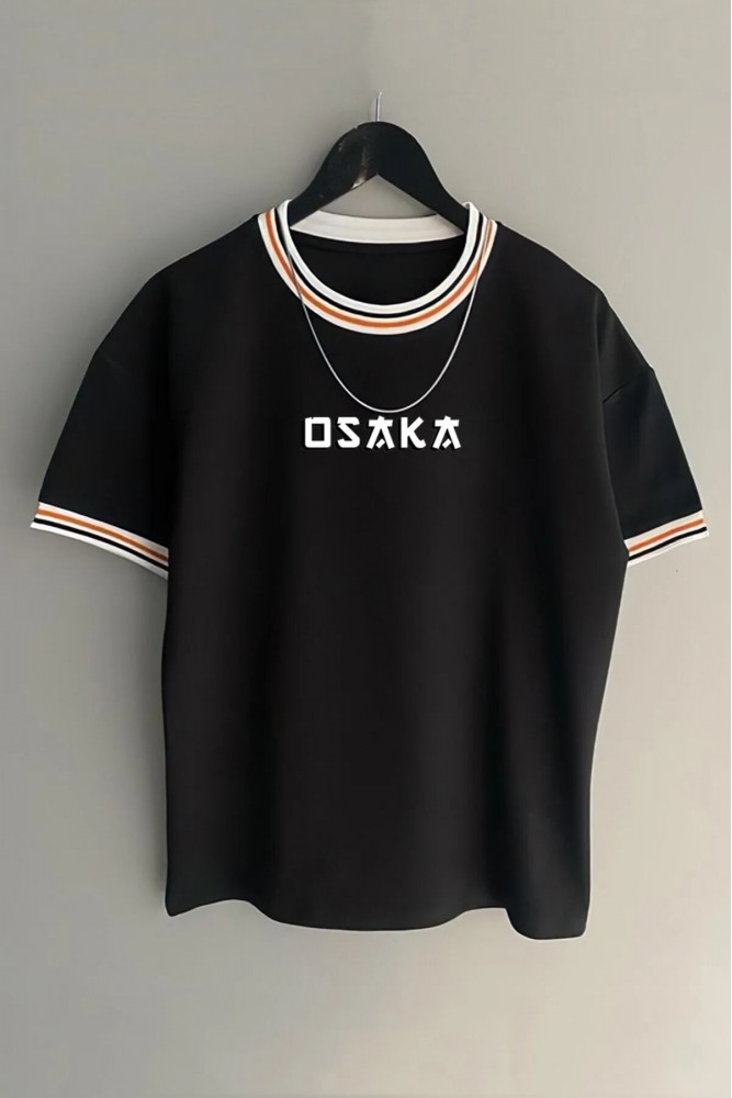 Siyah Unisex Yeni Sezon Oversize Osaka Kalıp Yaka Detaylı Yazlık T-shirt