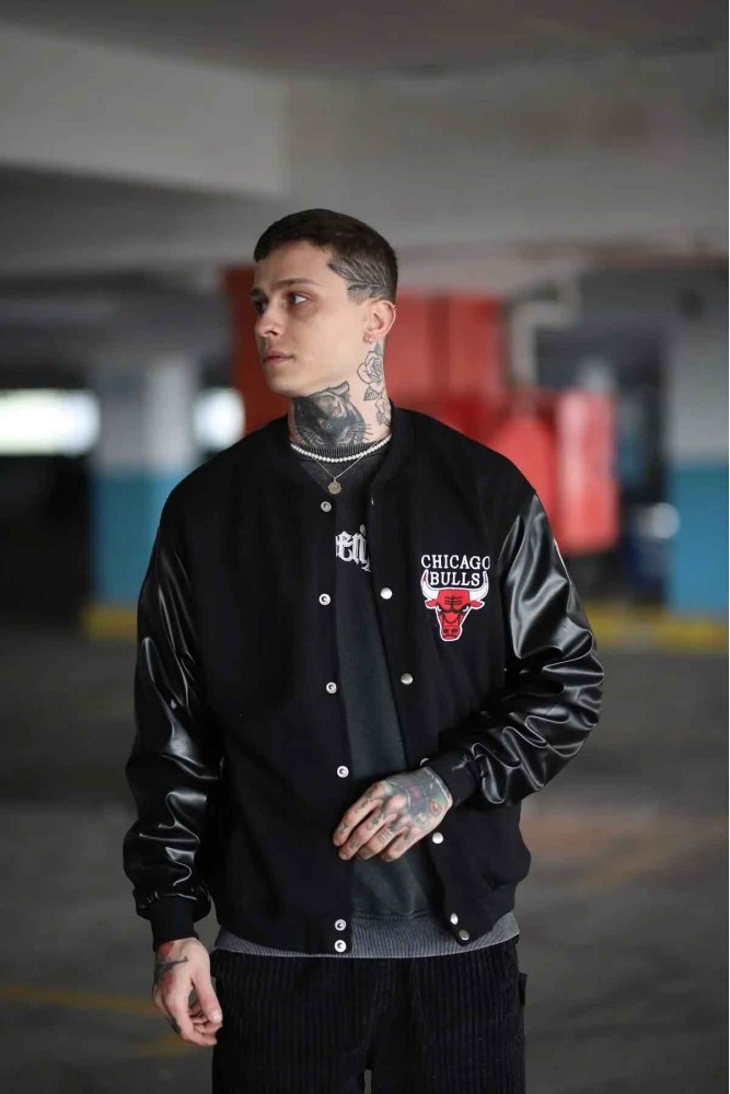 Chicago Nakış Baskılı Deri Kollu Kolej Ceket