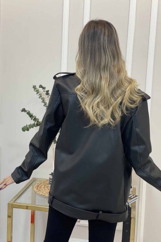 Kadın Siyah Kemerli Deri Ceket  Kadın Siyah Kemerli Deri Ceket