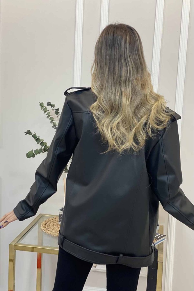 Kadın Siyah Kemerli Deri Ceket 