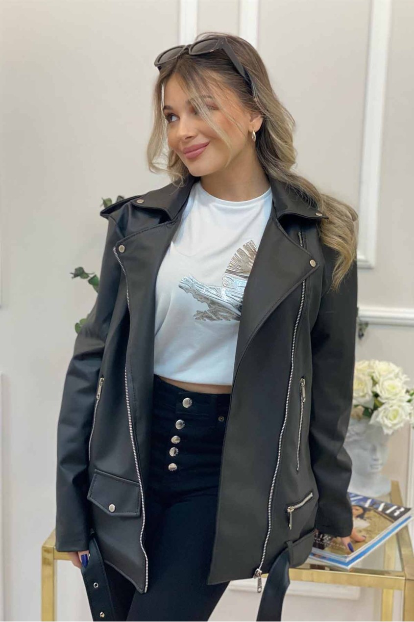 Kadın Siyah Kemerli Deri Ceket  Kadın Siyah Kemerli Deri Ceket