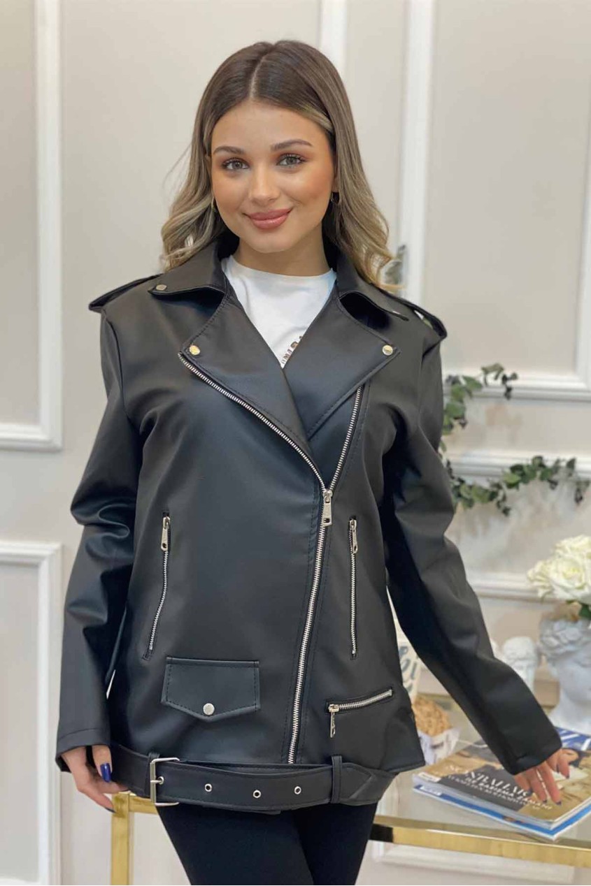 Kadın Siyah Kemerli Deri Ceket  Kadın Siyah Kemerli Deri Ceket