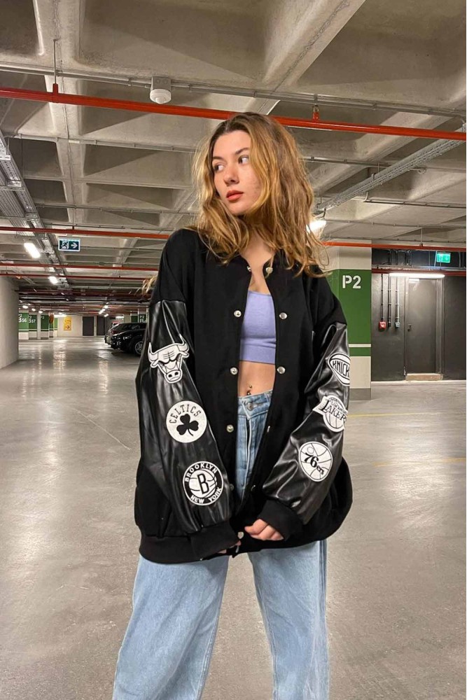 NBA Deri Kol Detay Baskılı Unisex Oversize Kolej Ceket