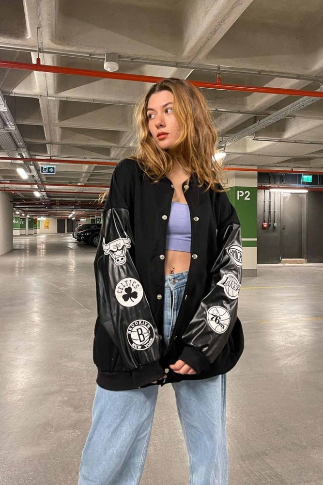 NBA Deri Kol Detay Baskılı Unisex Oversize Kolej Ceket NBA Deri Kol Detay Baskılı Unisex Oversize Kolej Ceket