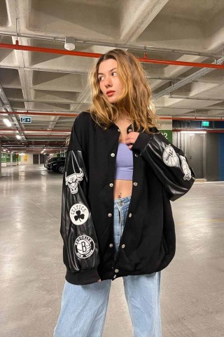 NBA Deri Kol Detay Baskılı Unisex Oversize Kolej Ceket NBA Deri Kol Detay Baskılı Unisex Oversize Kolej Ceket