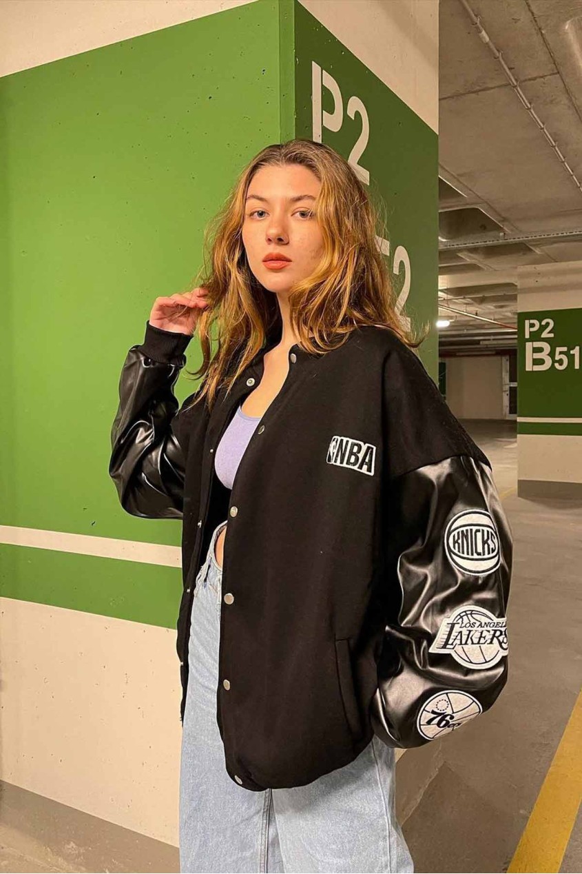 NBA Deri Kol Detay Baskılı Unisex Oversize Kolej Ceket NBA Deri Kol Detay Baskılı Unisex Oversize Kolej Ceket