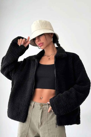 Oversize Kuzu Tüyü Peluş Kumaş Içi Astarlı Fermuarlı Siyah Ceket Mont Oversize Kuzu Tüyü Peluş Kumaş Içi Astarlı Fermuarlı Siyah Ceket Mont