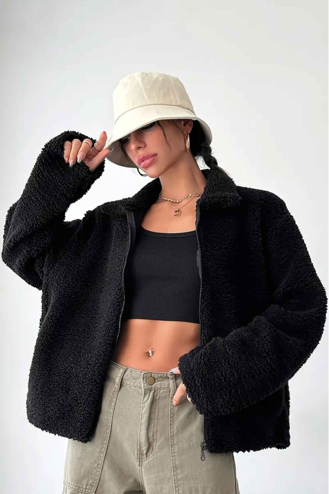 Oversize Kuzu Tüyü Peluş Kumaş Içi Astarlı Fermuarlı Siyah Ceket Mont