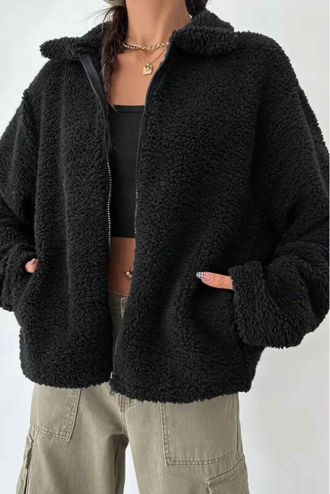 Oversize Kuzu Tüyü Peluş Kumaş Içi Astarlı Fermuarlı Siyah Ceket Mont