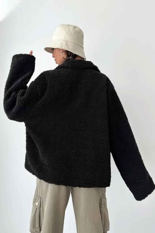 Oversize Kuzu Tüyü Peluş Kumaş Içi Astarlı Fermuarlı Siyah Ceket Mont Oversize Kuzu Tüyü Peluş Kumaş Içi Astarlı Fermuarlı Siyah Ceket Mont