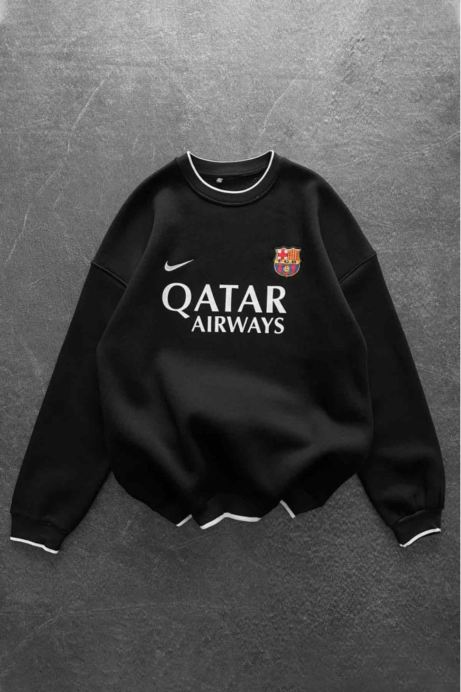 Unisex Oversize Şardonlu Baskılı Siyah Bisiklet Yaka Sweatshirt