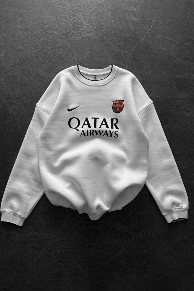 Unisex Oversize Şardonlu Baskılı Beyaz Bisiklet Yaka Sweatshirt