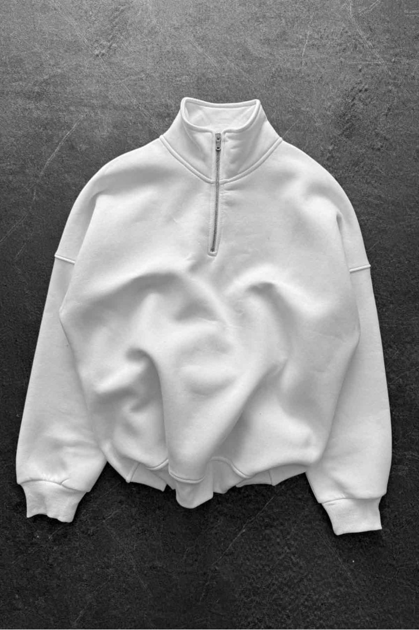 Unisex Oversize Şardonlu Beyaz Yarım Fermuarlı Dik Yaka Sweatshirt