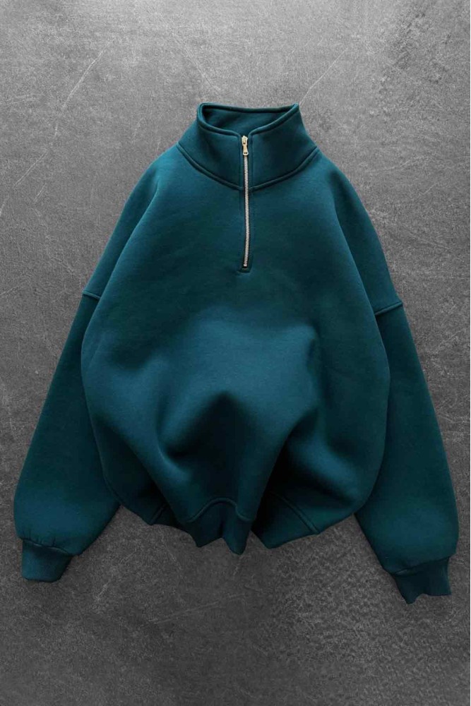 Unisex Oversize Şardonlu Petrol Yeşili Yarım Fermuarlı Dik Yaka Sweatshirt