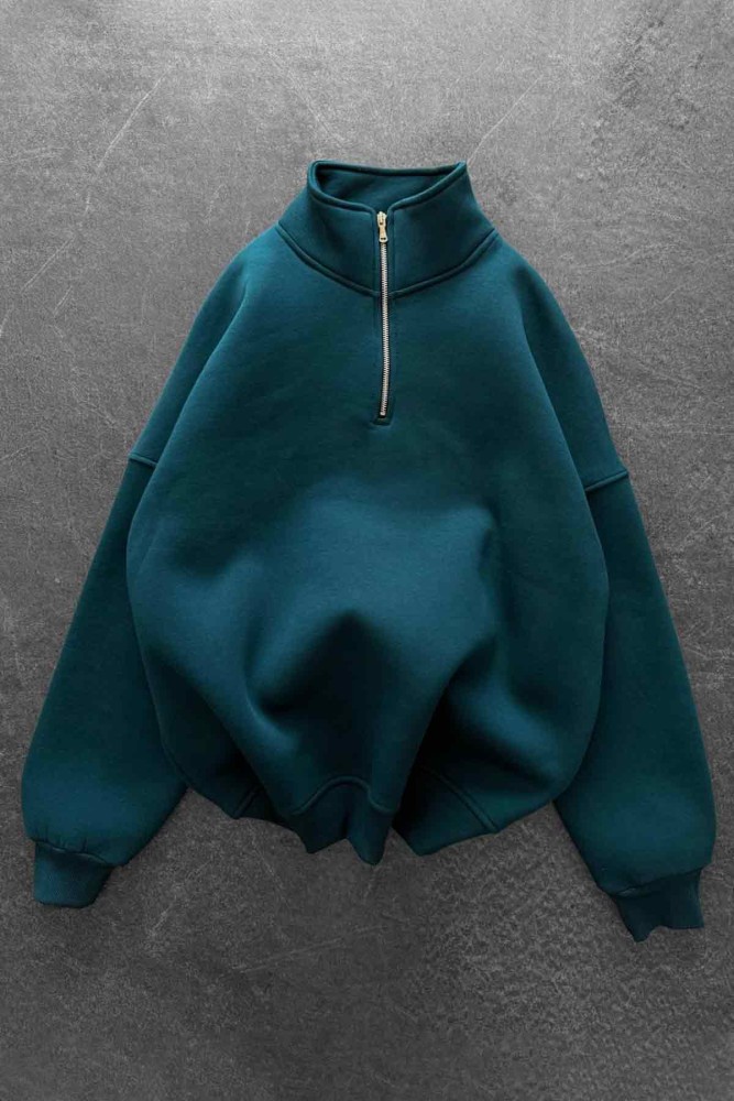 Unisex Oversize Şardonlu Petrol Yeşili Yarım Fermuarlı Dik Yaka Sweatshirt Unisex Oversize Şardonlu Petrol Yeşili Yarım Fermuarlı Dik Yaka Sweatshirt