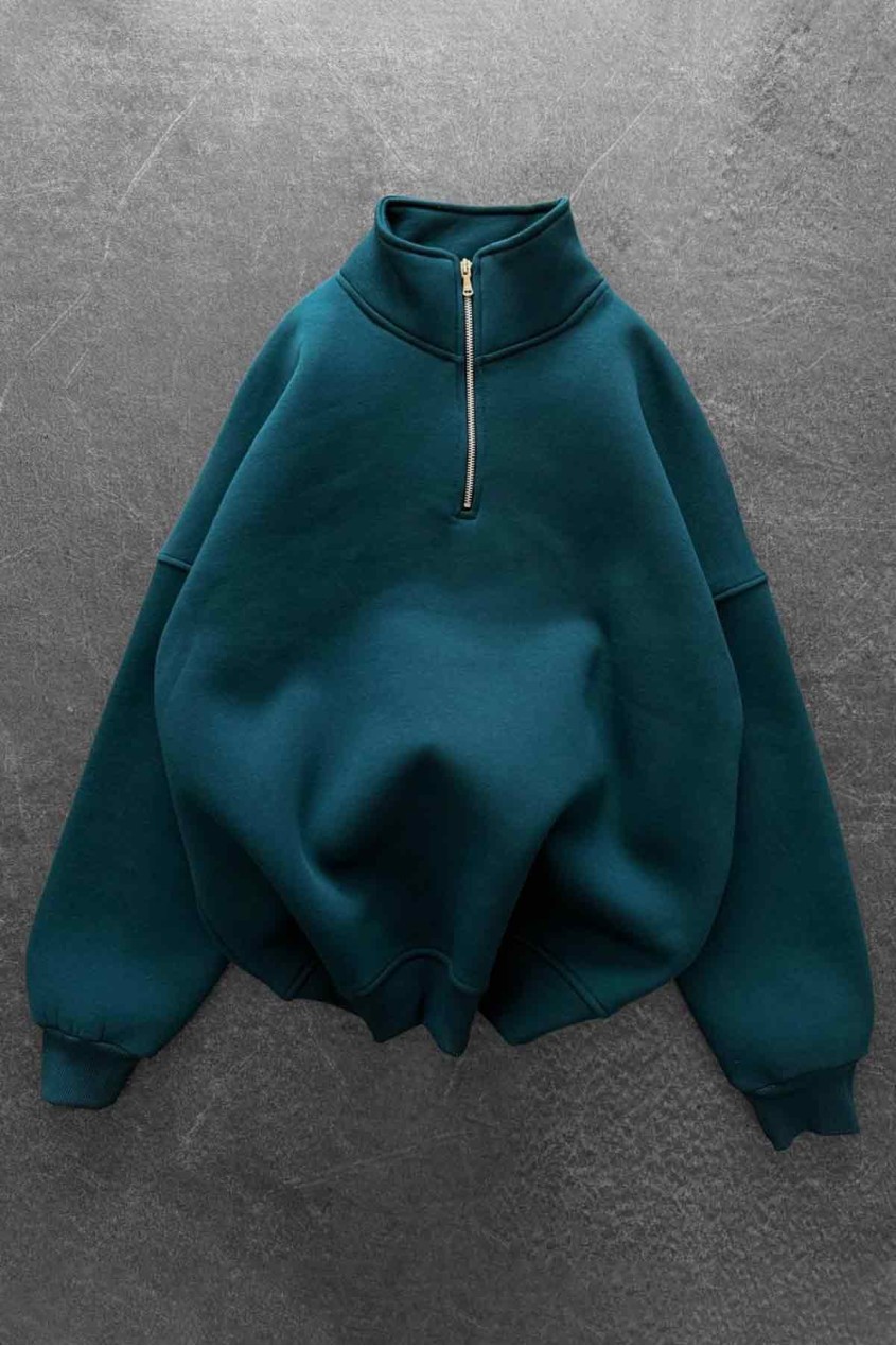 Unisex Oversize Şardonlu Petrol Yeşili Yarım Fermuarlı Dik Yaka Sweatshirt