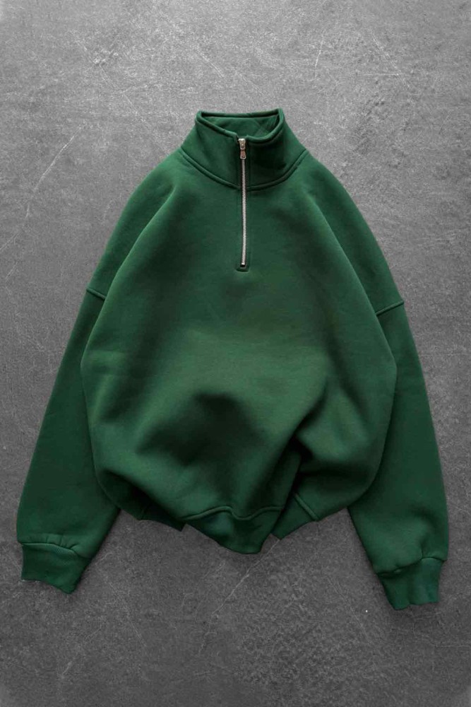 Unisex Oversize Şardonlu Yeşil Yarım Fermuarlı Dik Yaka Sweatshirt Unisex Oversize Şardonlu Yeşil Yarım Fermuarlı Dik Yaka Sweatshirt