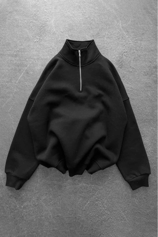 Unisex Oversize Şardonlu Siyah Yarım Fermuarlı Dik Yaka Sweatshirt