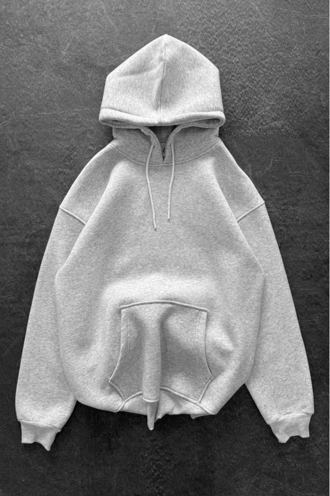 Unisex Oversize Şardonlu Gri Kapüşonlu Sweatshirt