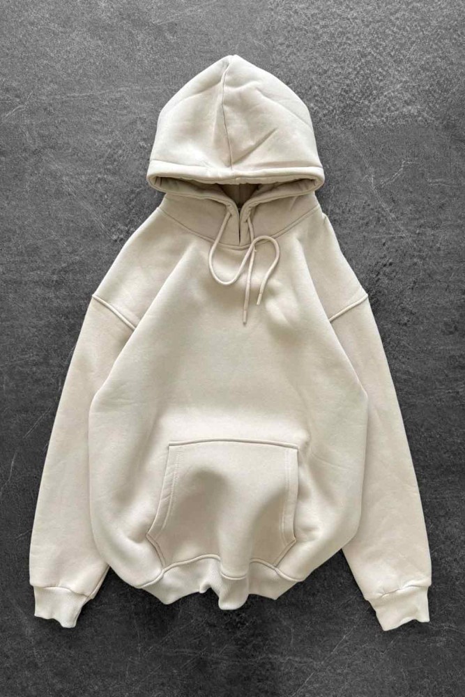 Unisex Oversize Şardonlu Ekru Kapüşonlu Sweatshirt Unisex Oversize Şardonlu Ekru Kapüşonlu Sweatshirt