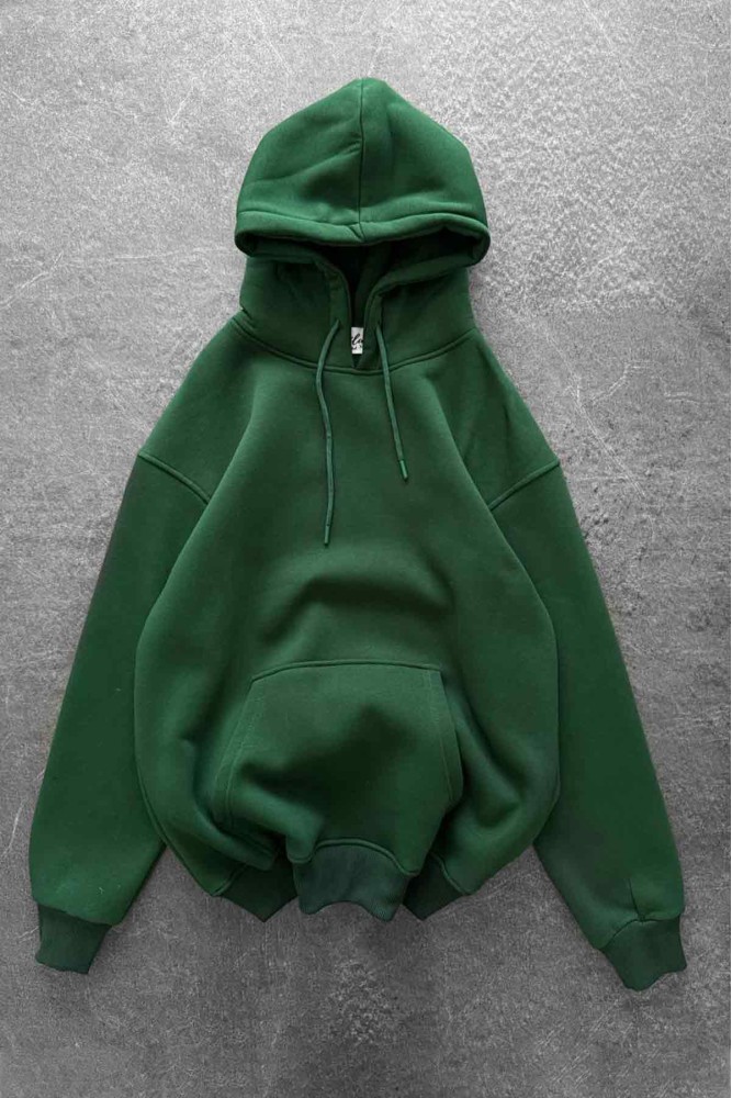 Unisex Oversize Şardonlu Yeşil Kapüşonlu Sweatshirt