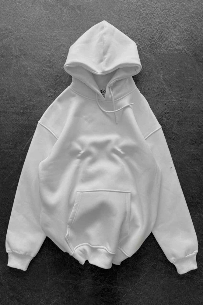 Unisex Oversize Şardonlu Beyaz Kapüşonlu Sweatshirt