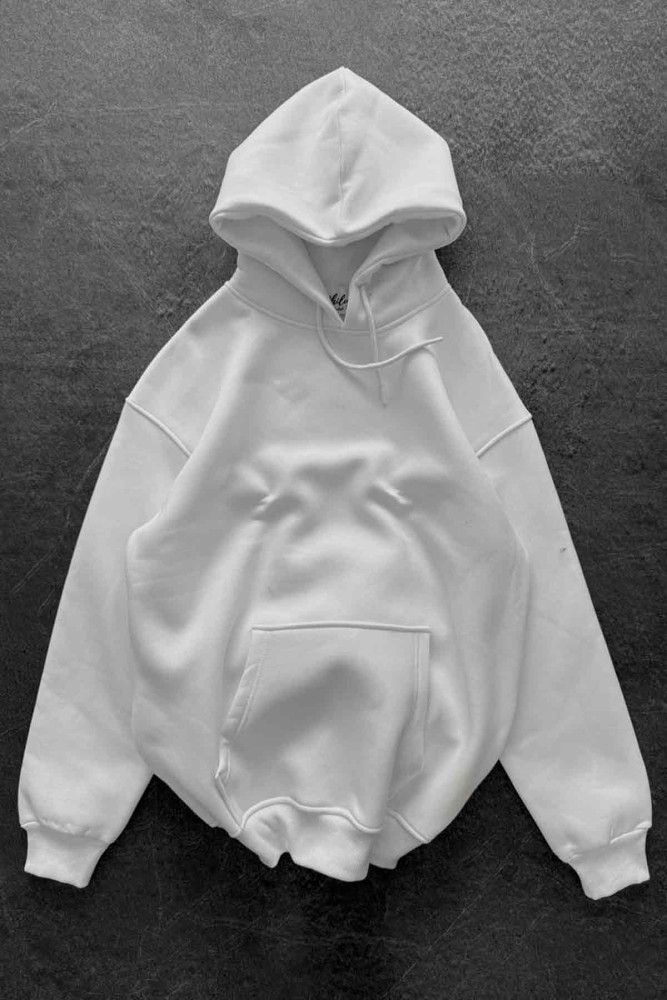 Unisex Oversize Şardonlu Beyaz Kapüşonlu Sweatshirt Unisex Oversize Şardonlu Beyaz Kapüşonlu Sweatshirt