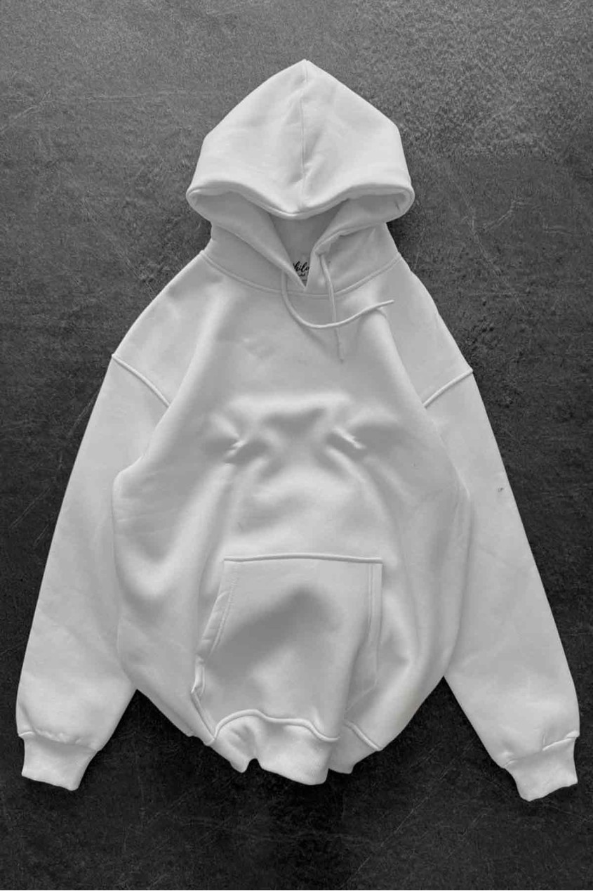 Unisex Oversize Şardonlu Beyaz Kapüşonlu Sweatshirt Unisex Oversize Şardonlu Beyaz Kapüşonlu Sweatshirt