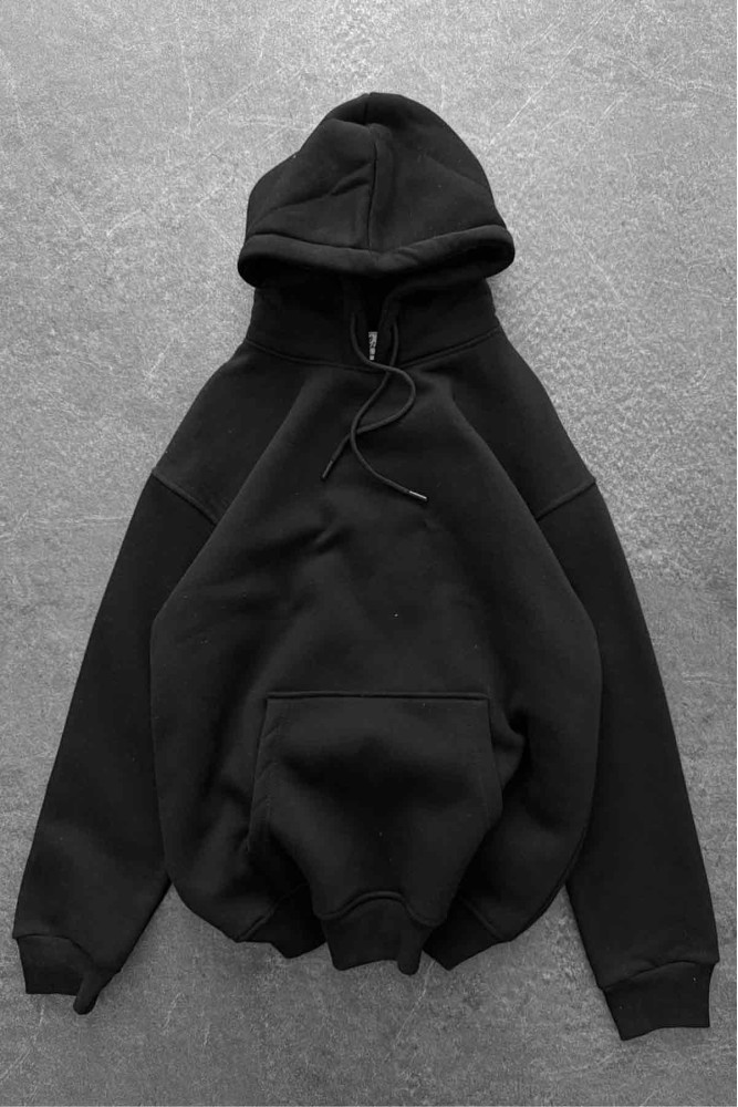 Unisex Oversize Şardonlu Siyah Kapüşonlu Sweatshirt