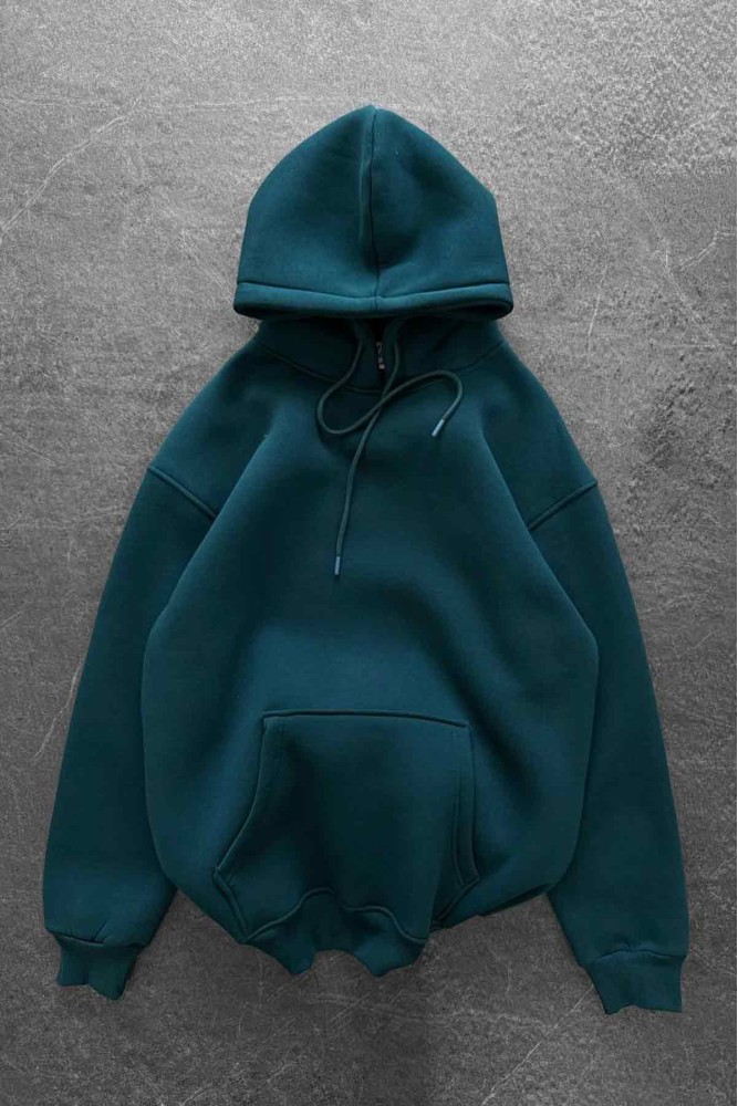 Unisex Oversize Şardonlu Petrol Yeşili Kapüşonlu Sweatshirt