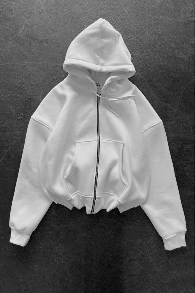 Unisex Oversize Şardonlu Beyaz Fermuarlı Kapüşonlu Hırka Unisex Oversize Şardonlu Beyaz Fermuarlı Kapüşonlu Hırka