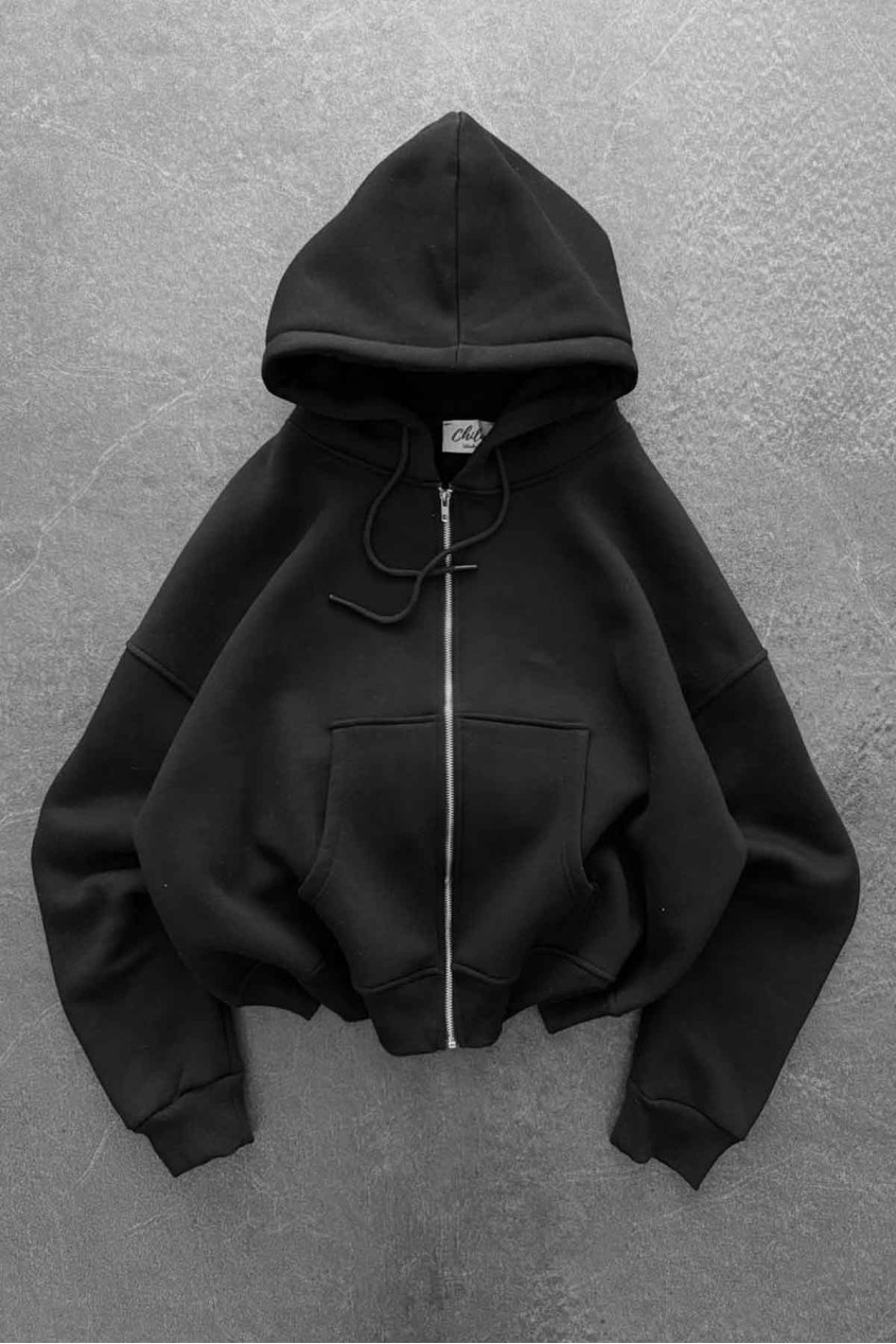 Unisex Oversize Şardonlu Siyah Fermuarlı Kapüşonlu Hırka Unisex Oversize Şardonlu Siyah Fermuarlı Kapüşonlu Hırka