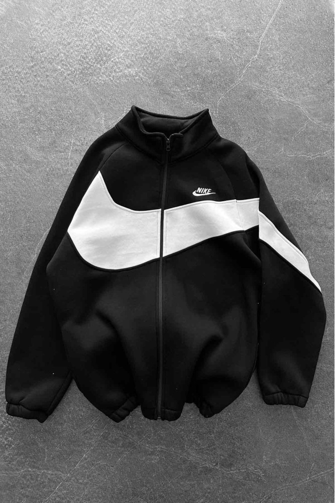 Unisex Oversize Şardonlu Baskılı Siyah Hırka