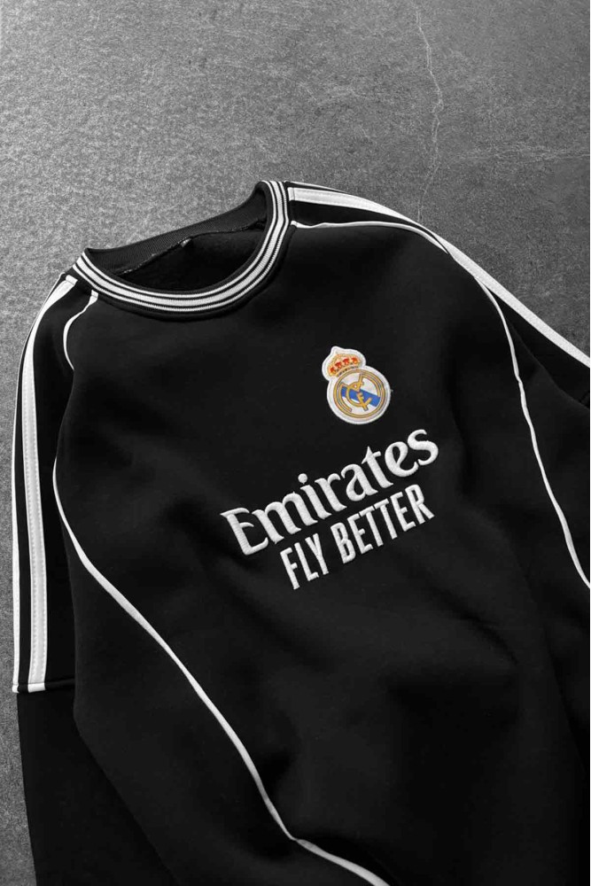 Unisex Oversize Şardonlu Baskılı Beyaz Bisiklet Yaka Sweatshirt