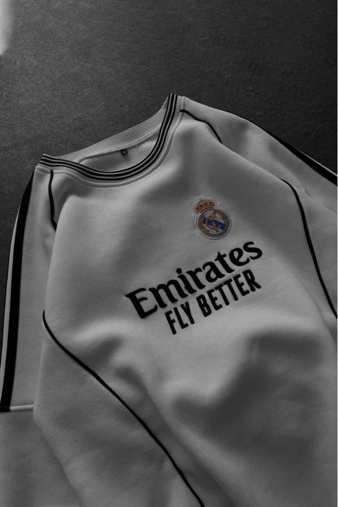 Unisex Oversize Şardonlu Baskılı Beyaz Bisiklet Yaka Sweatshirt