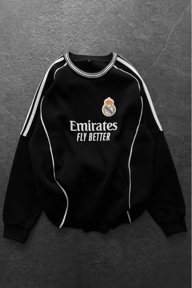 Unisex Oversize Şardonlu Baskılı Beyaz Bisiklet Yaka Sweatshirt