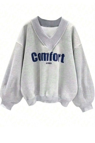 Oversize V Yaka Comfort Baskı Desenli Sweatshirt Oversize V Yaka Comfort Baskı Desenli Sweatshirt