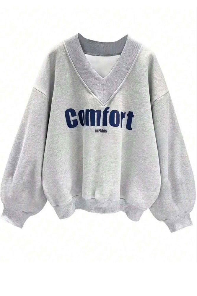 Oversize V Yaka Comfort Baskı Desenli Sweatshirt