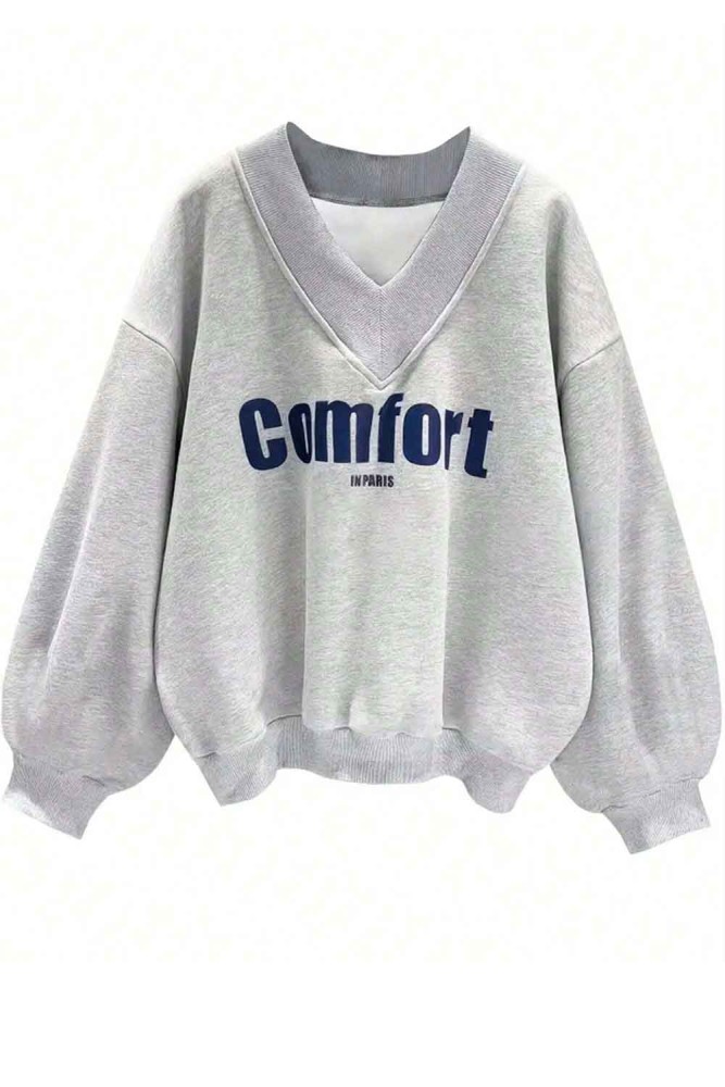 Oversize V Yaka Comfort Baskı Desenli Sweatshirt Oversize V Yaka Comfort Baskı Desenli Sweatshirt
