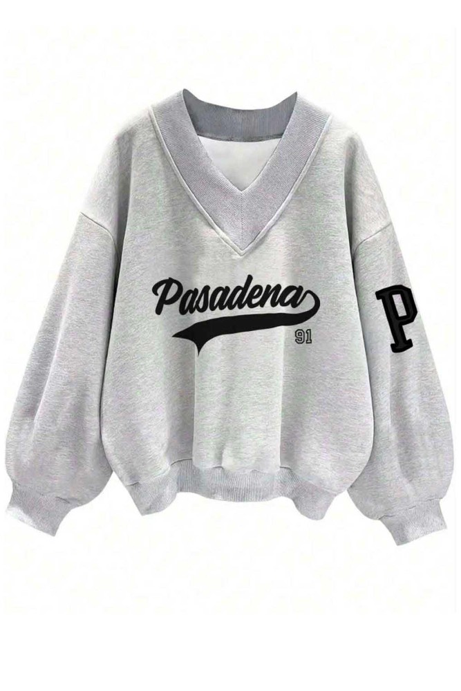 Oversize V Yaka Pasadena Baskı Desenli Sweatshirt