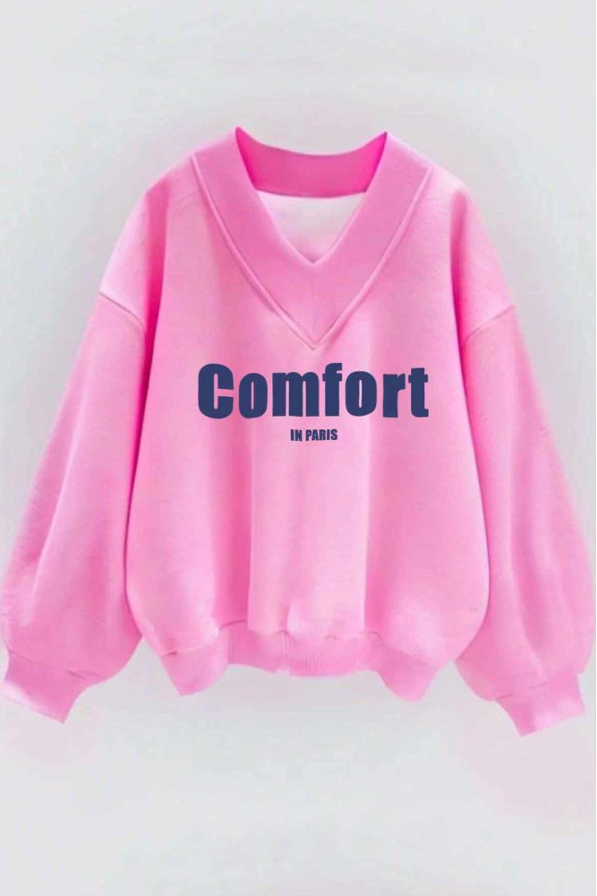 Oversize Pembe V Yaka Comfort Baskı Desenli Sweatshirt