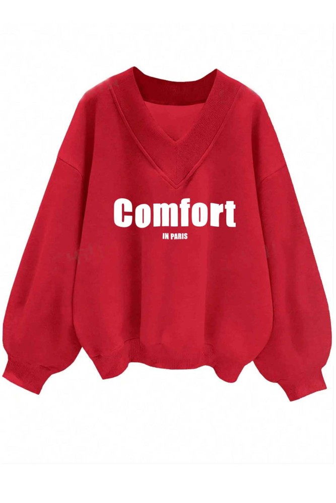 Oversize Kırmızı V Yaka Comfort Baskı Desenli Sweatshirt