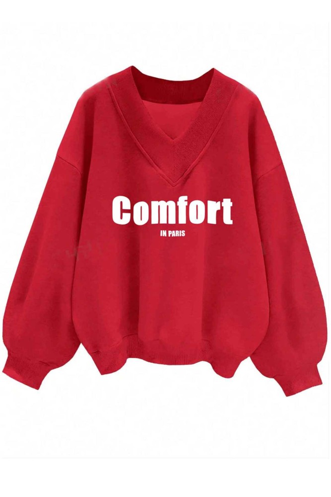 Oversize Kırmızı V Yaka Comfort Baskı Desenli Sweatshirt Oversize Kırmızı V Yaka Comfort Baskı Desenli Sweatshirt