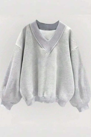 Oversize Gri V Yaka Düz Sweatshirt Oversize Gri V Yaka Düz Sweatshirt