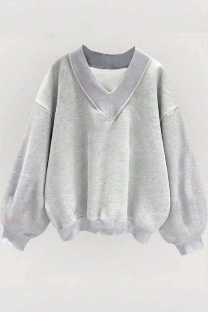 Oversize Gri V Yaka Düz Sweatshirt Oversize Gri V Yaka Düz Sweatshirt