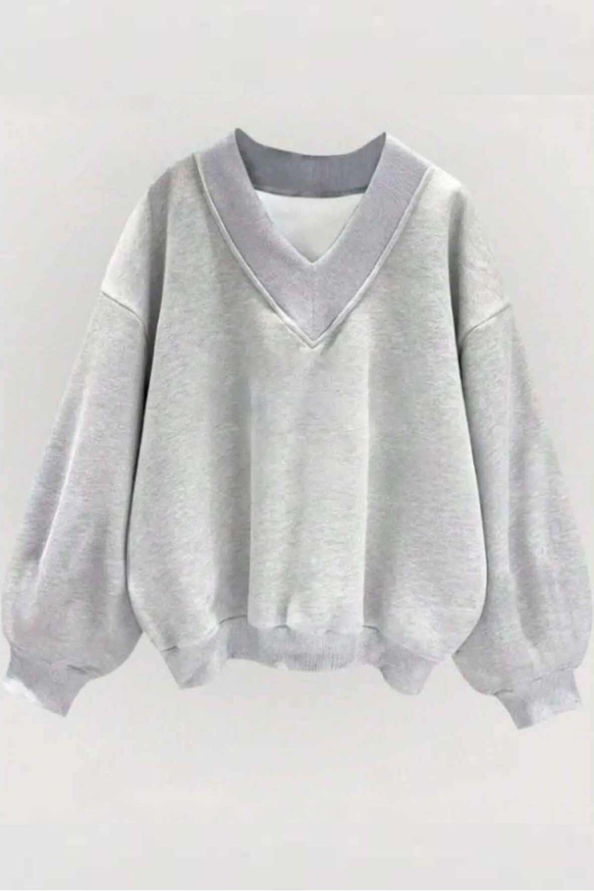 Oversize Gri V Yaka Düz Sweatshirt Oversize Gri V Yaka Düz Sweatshirt