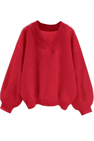 Oversize Kırmızı V Yaka Düz Sweatshirt Oversize Kırmızı V Yaka Düz Sweatshirt