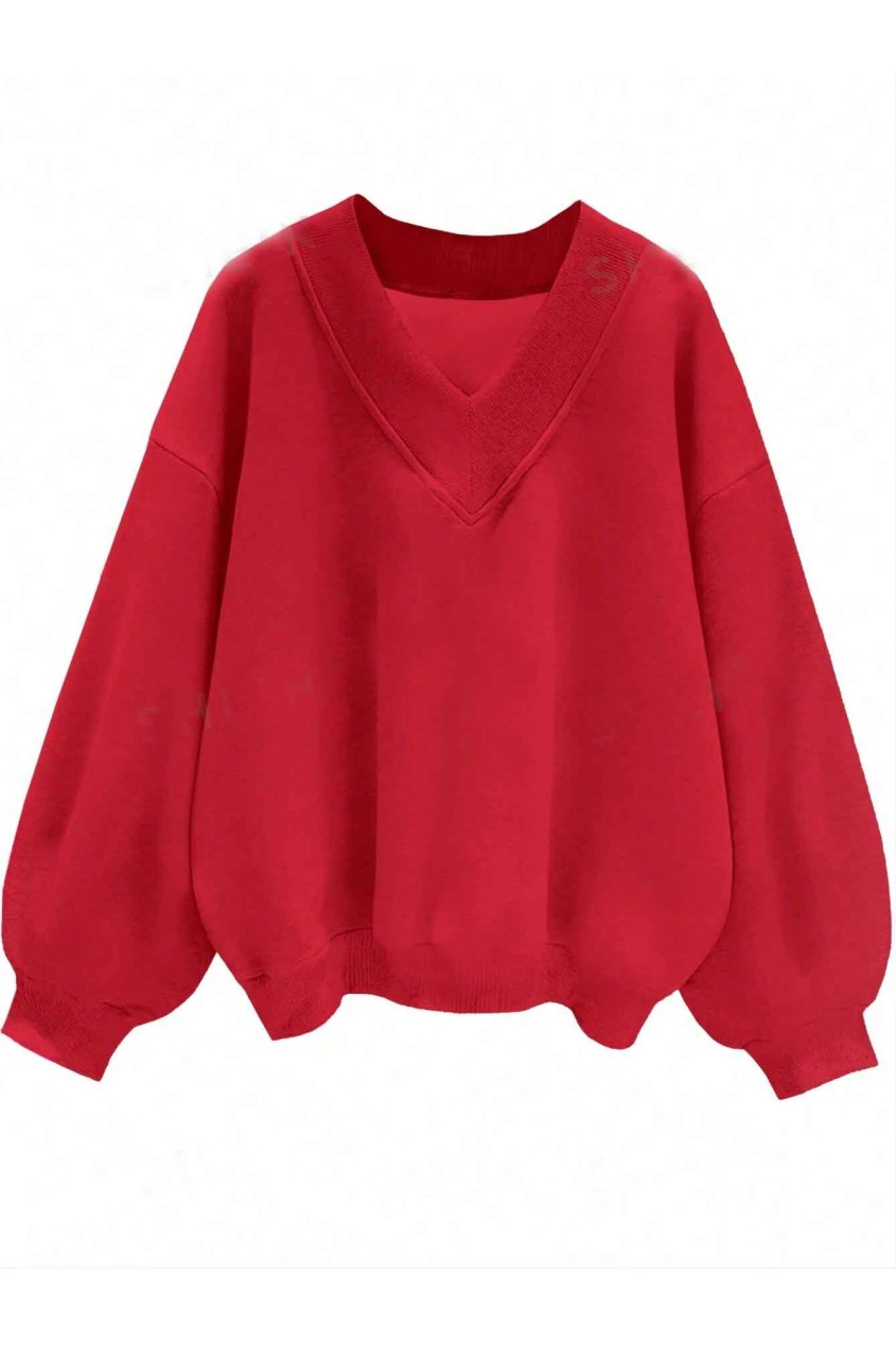 Oversize Kırmızı V Yaka Düz Sweatshirt Oversize Kırmızı V Yaka Düz Sweatshirt